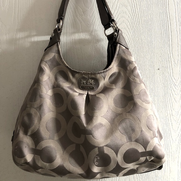 Coach Handbags - COACH Signature Logo Sateen Hobo Silver Grey Shoulder Purse Bag